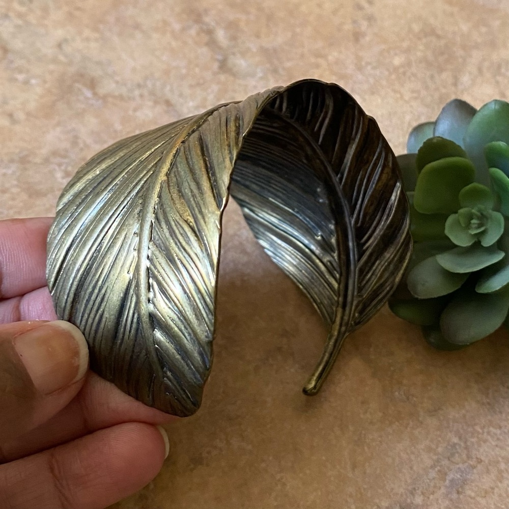 Vintage Brass Single Leaf Cuff Bracelet